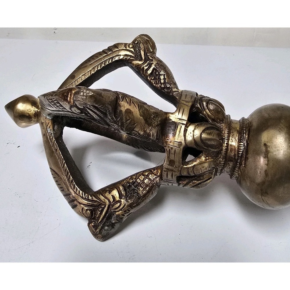 Antique Brass Tibetan Buddhist 5 pronged Vajra/Dorje 13" - Picture 15 of 16